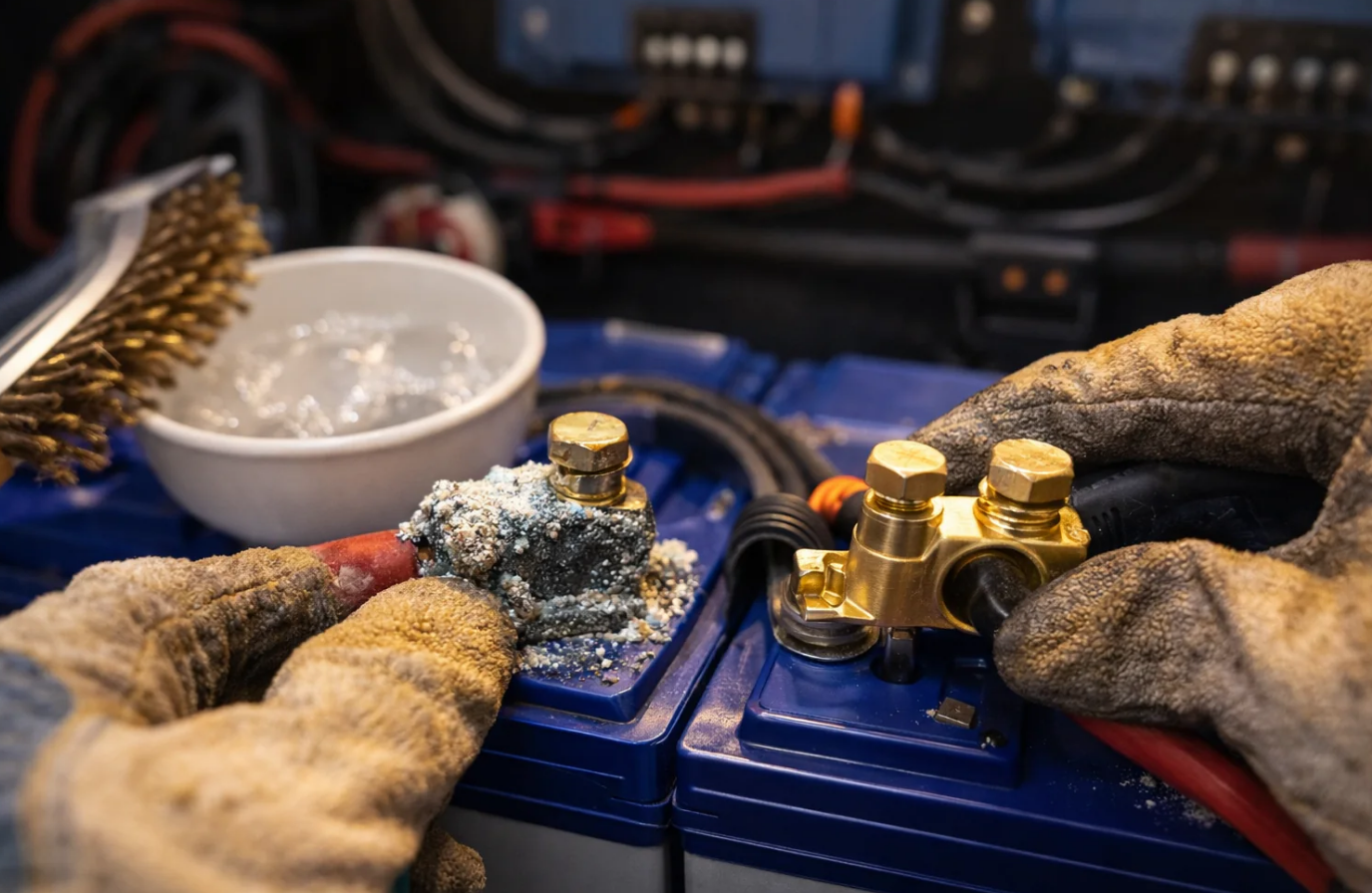 RV battery bank and 12V wiring being tested by a mobile tech in Stuart FL