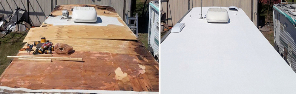 Water damage from an RV roof leak being inspected by a technician in Stuart FL
