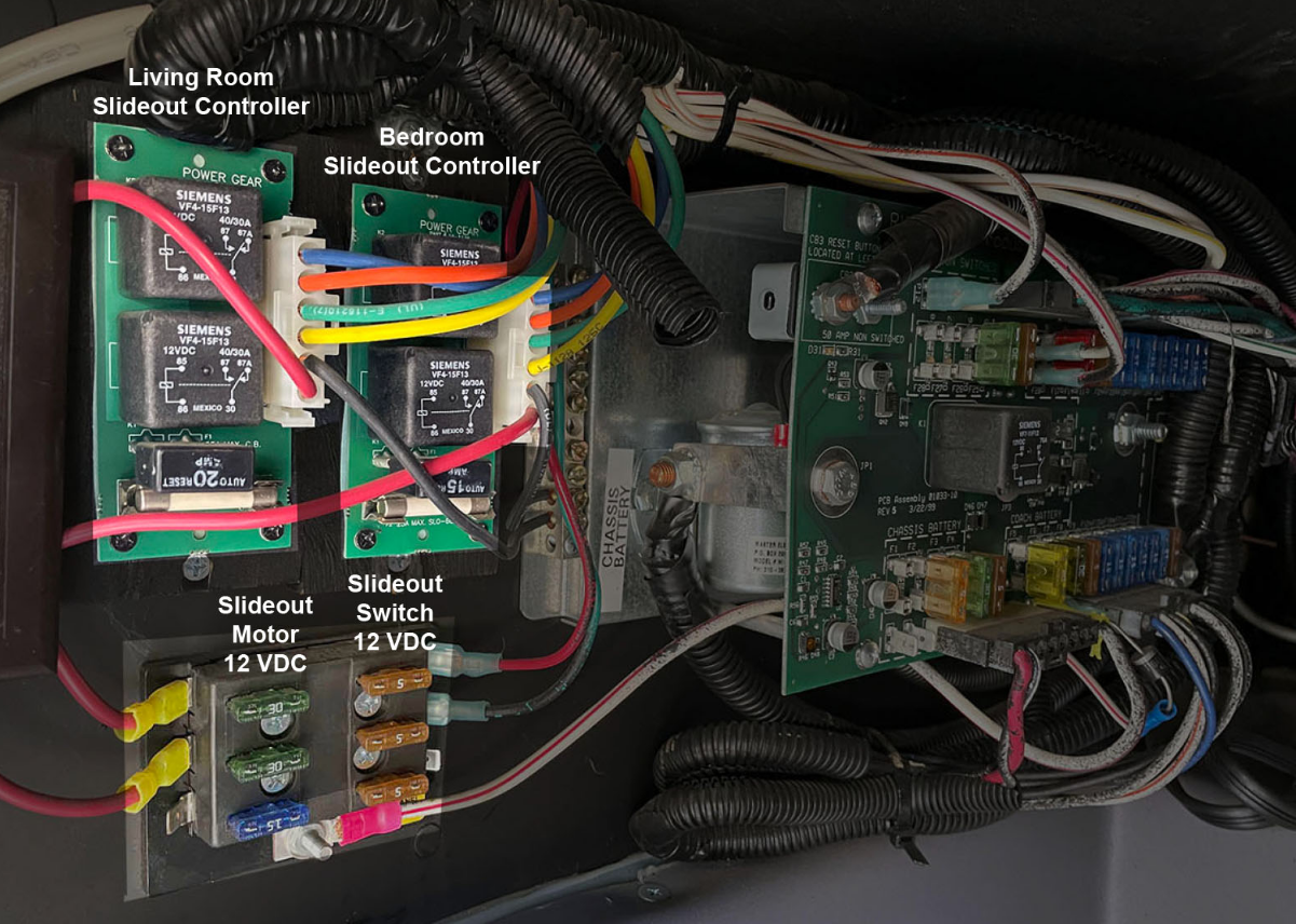 RV slide-out gear system being inspected during on-site repair in Stuart Florida